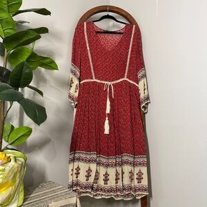 Zara Trafaluc SMALL Red Cream Boho Hippie Prairie Midi Dress